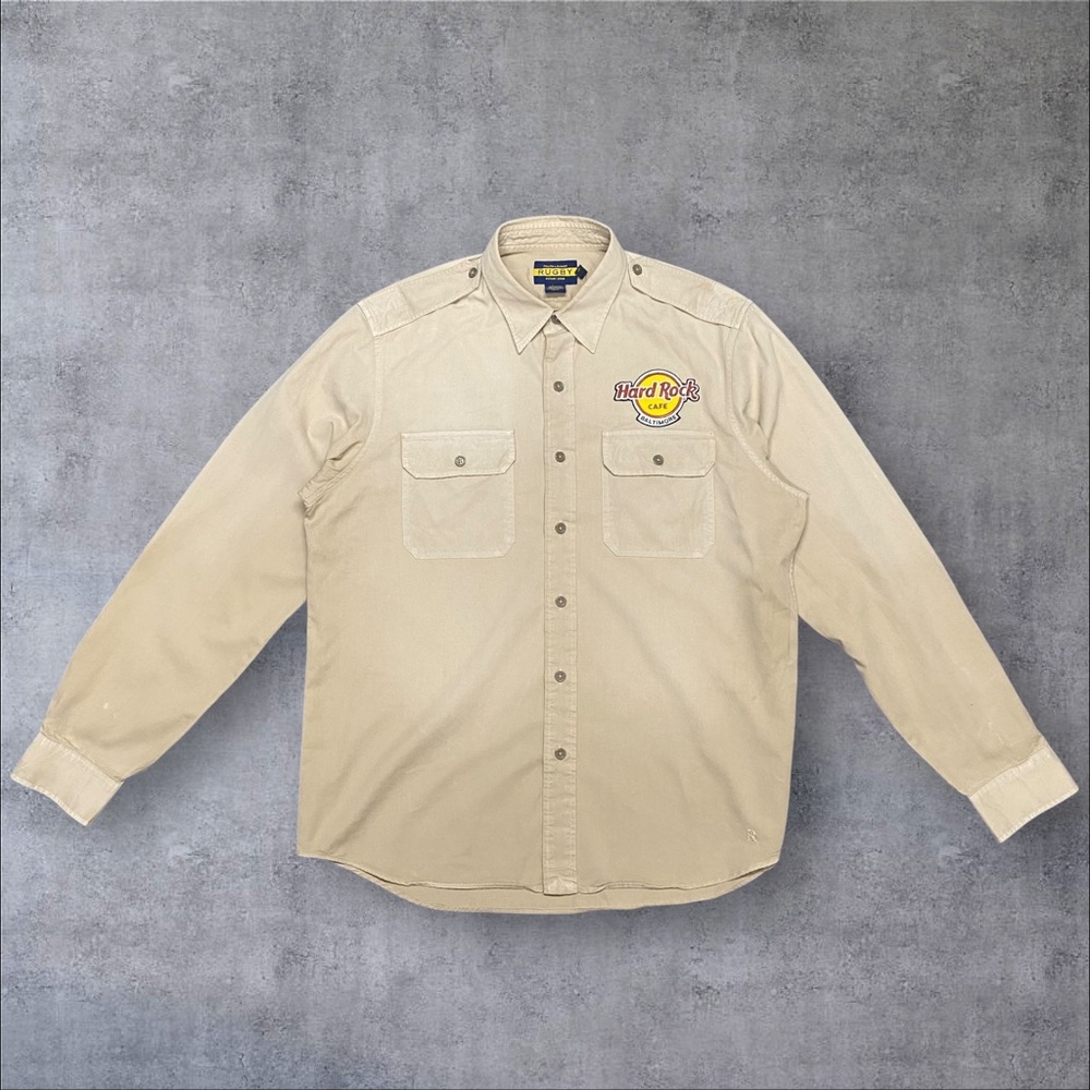Vintage Ralph Lauren Rugby Hard Rock Cafe Khaki Button Up Size Large